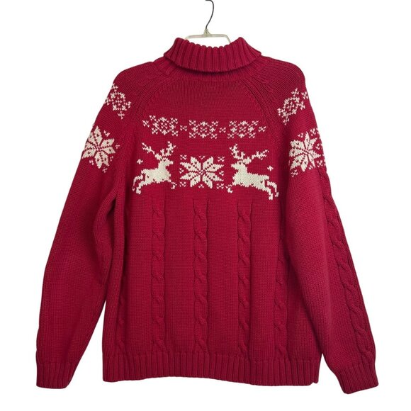 Vintage Land's End Women's Red Sweater Christmas Reindeer Snowflake Turtleneck - Picture 3 of 13